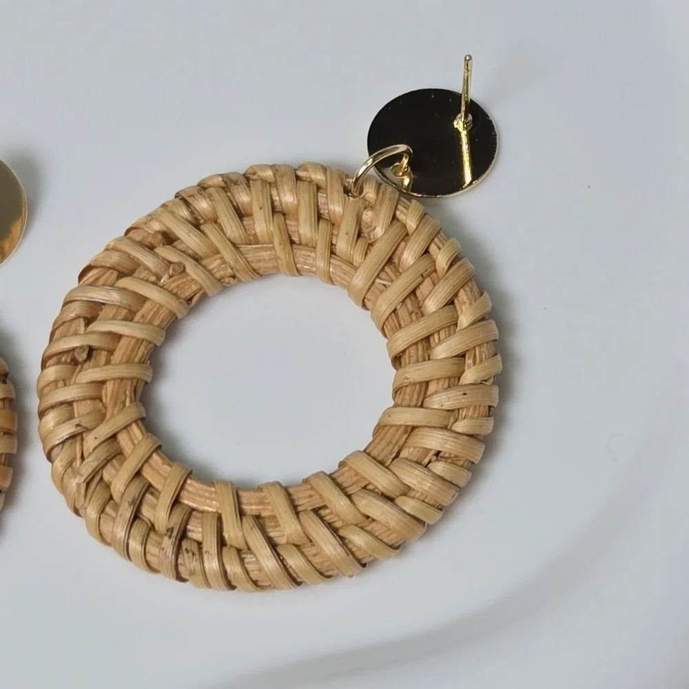 Woven Rattan Hoop Earrings Gold Disc Stud Boho Coastal Resort Statement Jewelry